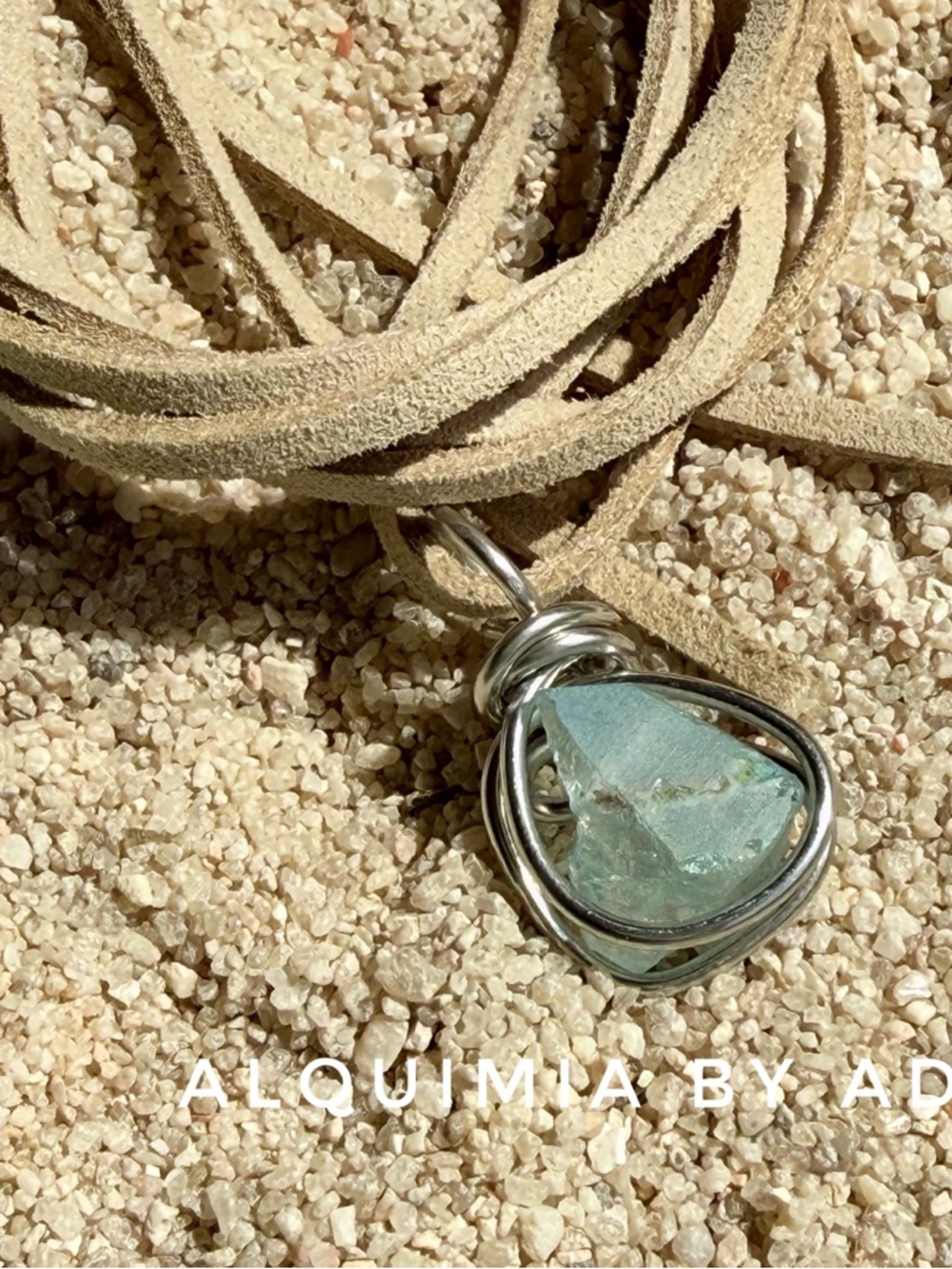 Light Aqua RAW QUARTZ Pendant on Cream Suede Cord